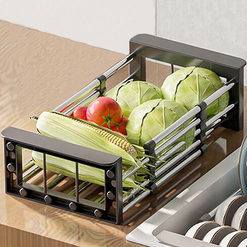 رف تجفيف الأطباق الصغير، صينية تصريف سلة من الفولاذ المقاوم للصدأ قابلة للتعديل للأطباق والخضروات والفواكه، على أو في سلة المطبخ، رف تجفيف الأطباق، 10.63 بوصة - 18.3 بوصة طول * 6.5 بوصة عرض * 3.54 بوصة ارتفاع (أسود) in Kuwait