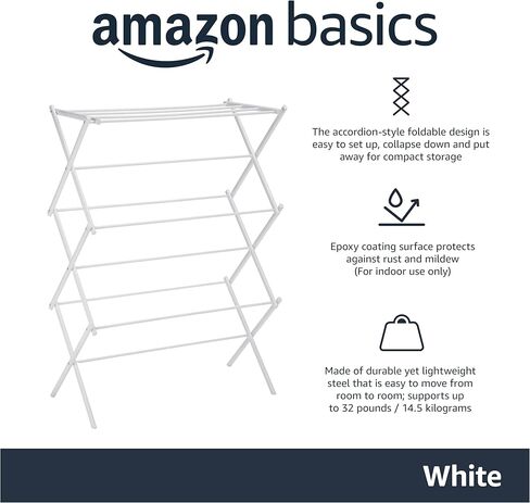 Amazon Basics Foldable Portable Clothes Drying Rack for Indoor Air Drying, Collapsible Design, 14.5" D x 29.5" W x 41.8" H, White in Saudi Arabia