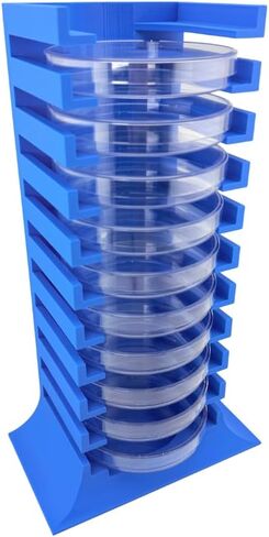 Petri Dish Holder Tower – 11-Slot Vertical Rack for 90 mm Plates – Space-Saving Lab Organizer for Microbiology & Research Benches – Durable Polymer Construction – Made in USA in Saudi Arabia