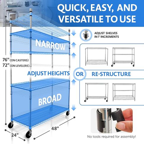 4000 LBS Heavy Duty Wire Rack, 48 x 24 x 76, 5-Tier NSF Commercial Rolling Rack with 4" Industrial Casters, Chrome Metal Wire Shelving for Garage, Kitchen, Adjustable Storage Shelf, Crescent in Saudi Arabia