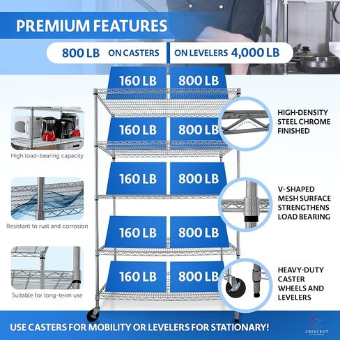 4000 LBS Heavy Duty Wire Rack, 48 x 24 x 76, 5-Tier NSF Commercial Rolling Rack with 4" Industrial Casters, Chrome Metal Wire Shelving for Garage, Kitchen, Adjustable Storage Shelf, Crescent in Saudi Arabia