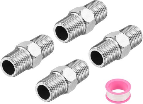 sourcing map 4pcs Hex Nipple Stainless Steel Pipe Fitting G1/2" Male x G1/4" Male Threaded Pipe Adapter Pipe Connector with PTFE Tape for Water, Gas, Fuel Pipeline (Silver Tone, 33.5mm/1.3") in Saudi Arabia