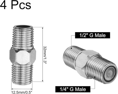 sourcing map 4pcs Hex Nipple Stainless Steel Pipe Fitting G1/2" Male x G1/4" Male Threaded Pipe Adapter Pipe Connector with PTFE Tape for Water, Gas, Fuel Pipeline (Silver Tone, 33.5mm/1.3") in Saudi Arabia