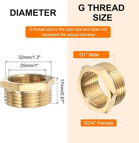 sourcing map 2 Pcs Brass Reducer Hex Bushing G1 Male x G3/4" Female Threaded Reducing Pipe Adapter Fitting with PTFE Tape for Plumbing, Fuel Lines, and Pneumatic Systems(17mm/0.7" Length) in Saudi Arabia
