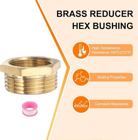 sourcing map 2 Pcs Brass Reducer Hex Bushing G1 Male x G3/4" Female Threaded Reducing Pipe Adapter Fitting with PTFE Tape for Plumbing, Fuel Lines, and Pneumatic Systems(17mm/0.7" Length) in Saudi Arabia