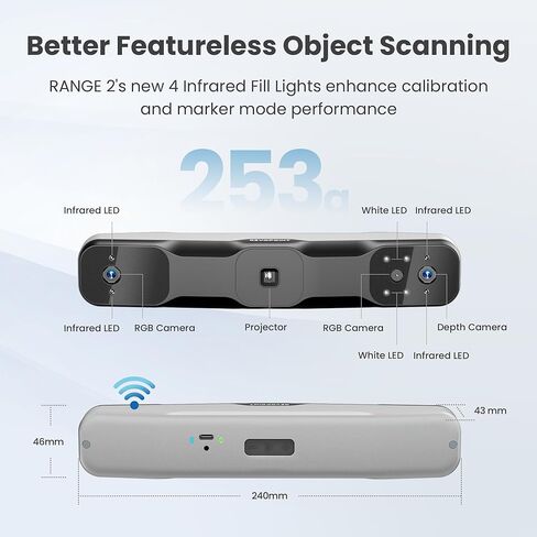 ماسح ضوئي Revopoint Range 2 ثلاثي الأبعاد للطباعة ثلاثية الأبعاد، مسح نموذجي بالألوان الكاملة، يدعم مسح الأجسام الكبيرة لوجه الجسم، ويدعم Win/Android/iOS/macOS in Kuwait