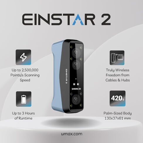 ماسح ضوئي لاسلكي ثلاثي الأبعاد من EINSTAR 2 - ماسح ضوئي محمول، دقة 0.05 مم، ليزر هجين + ضوء الأشعة تحت الحمراء، بدون رذاذ، التقاط بالألوان الكاملة، ماسح ضوئي ثلاثي الأبعاد للطباعة ثلاثية الأبعاد، جاهز للاستخدام في الهواء الطلق، يعمل بالبطارية in Kuwait