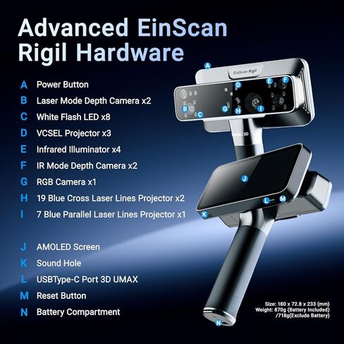 ماسح ضوئي ليزر احترافي لاسلكي ثلاثي الأبعاد من EinScan Rigil، هجين صناعي ثلاثي الوضع (ليزر + VCSEL IR)، دقة 0.04 مم، دقة 0.05 مم، 50 خط ليزر للهندسة العكسية والتصنيع in Kuwait
