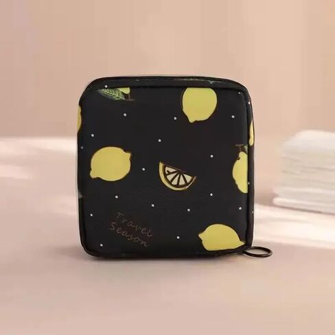 Women Sanitary Napkin Tampon Storage Bag Portable Waterproof Organizer Pouch Cartoon Pattern Sanitary Napkin Bag (Black Lemon) in Saudi Arabia