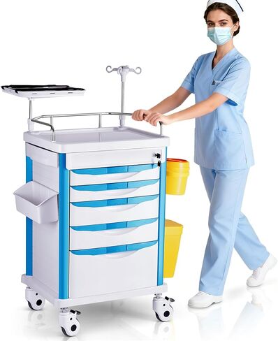 Medical Carts with Wheels, 5-Tier Drawers, Adjustable IV Pole, Silent Casters, Trash Bins, O2 Holder, Needle Disposal Holder & CPR Board, Rolling Crash Carts for Hospital Clinic in Saudi Arabia