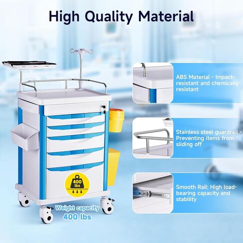 Medical Carts with Wheels, 5-Tier Drawers, Adjustable IV Pole, Silent Casters, Trash Bins, O2 Holder, Needle Disposal Holder & CPR Board, Rolling Crash Carts for Hospital Clinic in Saudi Arabia