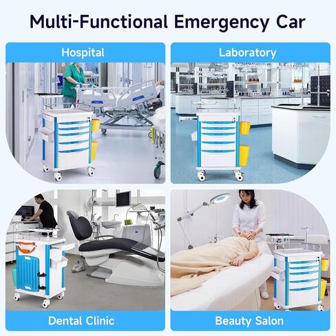 Medical Carts with Wheels, 5-Tier Drawers, Adjustable IV Pole, Silent Casters, Trash Bins, O2 Holder, Needle Disposal Holder & CPR Board, Rolling Crash Carts for Hospital Clinic in Saudi Arabia