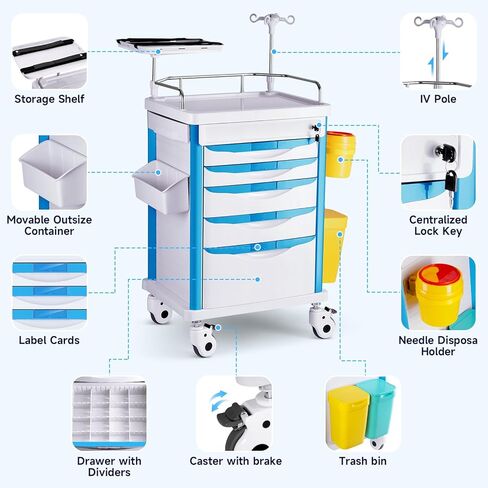 Medical Carts with Wheels, 5-Tier Drawers, Adjustable IV Pole, Silent Casters, Trash Bins, O2 Holder, Needle Disposal Holder & CPR Board, Rolling Crash Carts for Hospital Clinic in Saudi Arabia