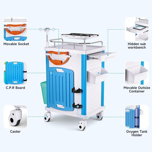 Medical Carts with Wheels, 5-Tier Drawers, Adjustable IV Pole, Silent Casters, Trash Bins, O2 Holder, Needle Disposal Holder & CPR Board, Rolling Crash Carts for Hospital Clinic in Saudi Arabia