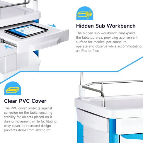 Medical Carts with Wheels, 5-Tier Drawers, Adjustable IV Pole, Silent Casters, Trash Bins, O2 Holder, Needle Disposal Holder & CPR Board, Rolling Crash Carts for Hospital Clinic in Saudi Arabia