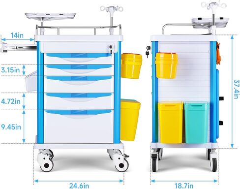 Medical Carts with Wheels, 5-Tier Drawers, Adjustable IV Pole, Silent Casters, Trash Bins, O2 Holder, Needle Disposal Holder & CPR Board, Rolling Crash Carts for Hospital Clinic in Saudi Arabia