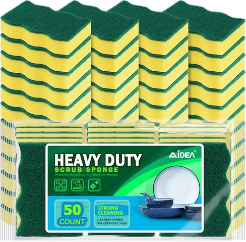 AIDEA Sponges Kitchen, 50 Pack Heavy Duty Dish Sponge, Cleaning Dish Scrubber Sponge for Home and Kitchen, Stink-Free Cleaning Supplies for Pots, Pans in Kuwait