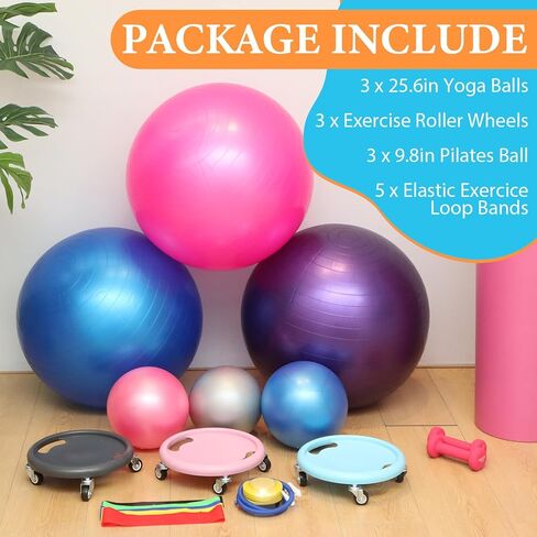 Soulchen 14 Pcs Yoga Pilates Equipment for Women Include Abdominal Roller Wheel 26 Inches Pilate Ball with Pump Exercise Resistance Bands 9.8 Inches Fitness Balls for Home Office Gym Fitness in Saudi Arabia