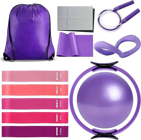 Pilates Equipment Set for Women - 12PCS Pilates Starter Accessories Kit with 10'' Ball, Magic Circle, Yoga Ring, Resistance Bands, Stretching Strap for Home Workout Exercise Beginner Essentials in Saudi Arabia
