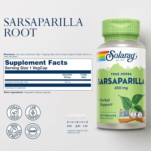SOLARAY جذر Sarsaparilla 450 مجم - دعم عشبي تقليدي - غير معدل وراثيًا، نباتي، تم التحقق منه معمليًا - ضمان استعادة الأموال لمدة 60 يومًا - 100 وجبة، 100 كبسولة نباتية in Saudi Arabia