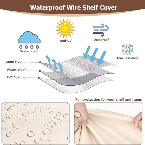 غطاء رف سلكي من Rileytee، أغطية أرفف مقاومة للماء والغبار 600D شديدة التحمل لرفوف الأسلاك، غطاء رف تخزين خارجي للحامل بسحاب، 48 بوصة عرض × 18 بوصة عمق × 72 بوصة ارتفاع، (بيج وبني) in Kuwait