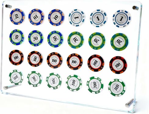 24 قطعة من حامل شرائح الكازينو، حافظة عرض شرائح البوكر الأكريليك، عرض عملة التحدي للعملات التذكارية لرقائق البوكر، مثبتة على الحائط أو الطاولة (13.6 × 9.3 بوصة) in Kuwait