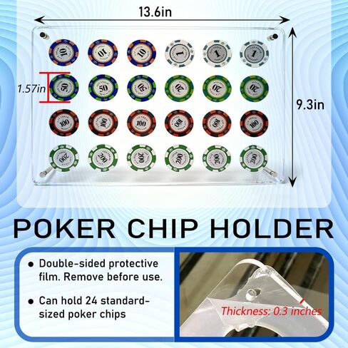24 قطعة من حامل شرائح الكازينو، حافظة عرض شرائح البوكر الأكريليك، عرض عملة التحدي للعملات التذكارية لرقائق البوكر، مثبتة على الحائط أو الطاولة (13.6 × 9.3 بوصة) in Kuwait