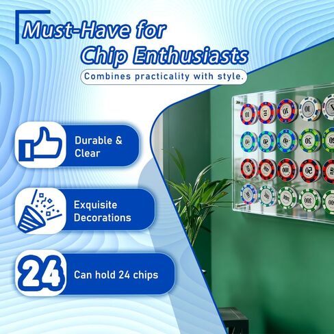 24 قطعة من حامل شرائح الكازينو، حافظة عرض شرائح البوكر الأكريليك، عرض عملة التحدي للعملات التذكارية لرقائق البوكر، مثبتة على الحائط أو الطاولة (13.6 × 9.3 بوصة) in Kuwait