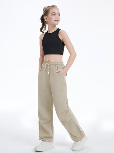 Girls Parachute Cargo Pants Size 14 Drawstring Waterproof Causal Hiking Pants for Girl Khaki Pockets Lightweight Running Joggers in Saudi Arabia