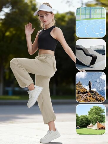 Girls Parachute Cargo Pants Size 14 Drawstring Waterproof Causal Hiking Pants for Girl Khaki Pockets Lightweight Running Joggers in Saudi Arabia