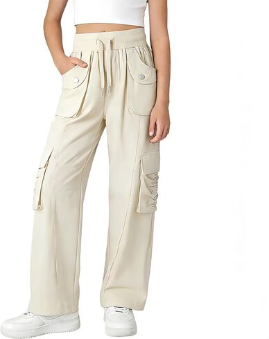 Rolanko Girls Cargo Pants Size 10-12 Waterproof Hiking Pants for Girls Quick Dry Joggers with Pockets for School Outdoor Travel (Beige, 10-11Y) in Saudi Arabia
