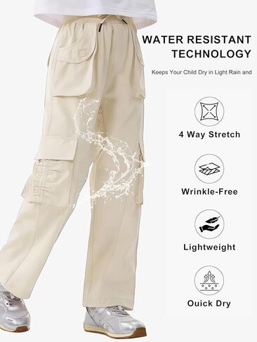 Rolanko Girls Cargo Pants Size 10-12 Waterproof Hiking Pants for Girls Quick Dry Joggers with Pockets for School Outdoor Travel (Beige, 10-11Y) in Saudi Arabia