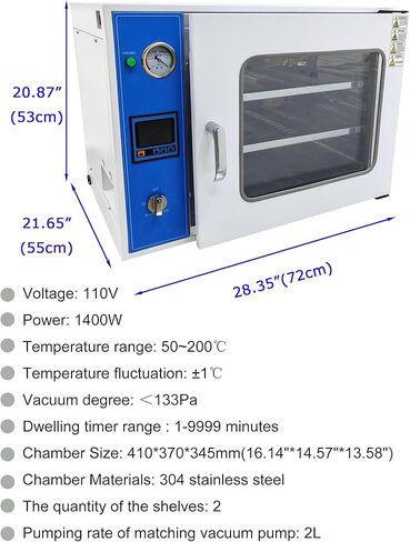 فرن تجفيف فراغ 1.9 قدم مكعب، 50-200 درجة مئوية فرن فراغ رقمي للتحكم في درجة الحرارة مع شاشة LCD، معدات تجفيف مختبر ذات رفين in Kuwait