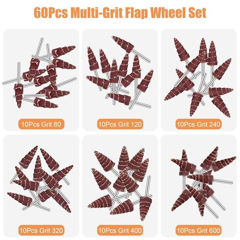 TSV 60 قطعة من عجلات القلاب الكاشطة على شكل مخروطي، ماكينة صنفرة عجلة ذات رفرف ساق مستديرة 1/8 بوصة للحفر، 80/120/240/320/400/600 رأس طحن ورق الصنفرة للأخدود، تلميع الزوايا in Kuwait