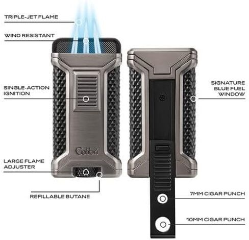 Colibri Ascari Triple Jet Flame Butane Lighter, Windproof & Refillable, Cigar Enthusiast's Choice with Integrated Punch, Blue Fuel Window, and Adjustable Flame (Gunmetal + Black) in Kuwait