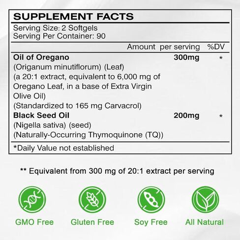 Oil of Oregano with Black Seed Oil, 180 Softgels | 2-in-1 Herbal Oregano Supplement with High Strength Carvacrol & Thymoquinone for Immune Support | Non-GMO, Plant Based in Saudi Arabia