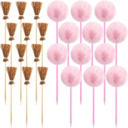 24 Pcs Witch Party Favors Including 12 Witch Broom Pens and 12 Pink Pom Pom Ballpoint Pens Goodie Bags Stuffer Broom Pencils Wands for Wizard Halloween Party Decorations Gifts (Classic) in Saudi Arabia