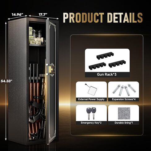 KAER 10-12 Gun Safe for Home Rifle and Pistols Biometric Gun Safes & Cabinets Clearance Gun Cabinet for Rifles and Shotguns Gun Safe for Handgun with Digital Keypad Adjustable Shelves Unassembled in Kuwait