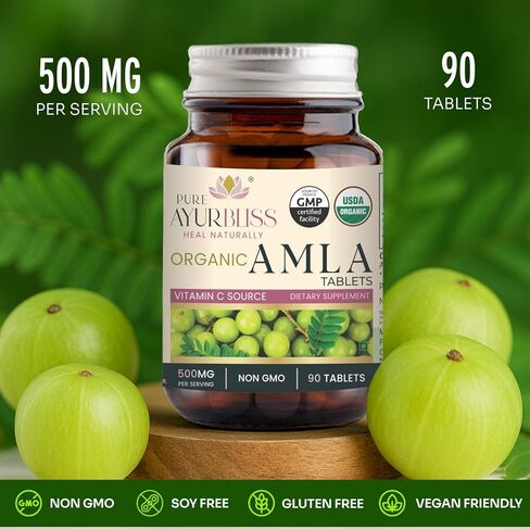 أقراص أملا عضوية 100%، أيورفيدا، لصحة الجهاز الهضمي وتوازن الأمعاء ودعم المناعة، كبسولات نباتية وغير معدلة وراثيًا من أملا للحيوية اليومية وصحة البشرة والتغذية الطبيعية - 90 قطعة in Kuwait