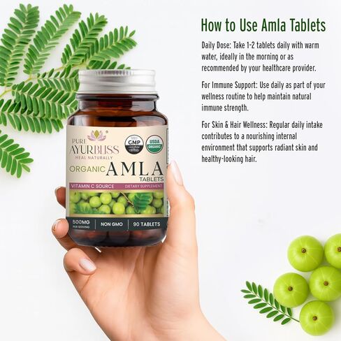 أقراص أملا عضوية 100%، أيورفيدا، لصحة الجهاز الهضمي وتوازن الأمعاء ودعم المناعة، كبسولات نباتية وغير معدلة وراثيًا من أملا للحيوية اليومية وصحة البشرة والتغذية الطبيعية - 90 قطعة in Kuwait