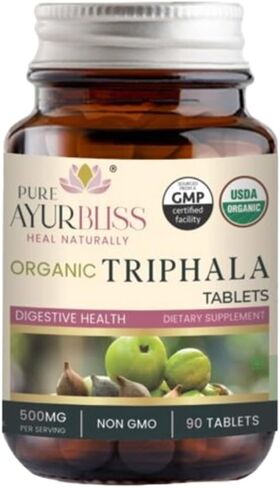 أقراص التريفالا، التريفالا العضوية لصحة الجهاز الهضمي، والتخلص من سموم الأمعاء ودعم صحة الأمعاء، مزيج الأيورفيدا مع أملا، هاريتاكي وبيبهيتاكي للحيوية، 500 مجم، عضوي 100% - 90 قطعة in Kuwait