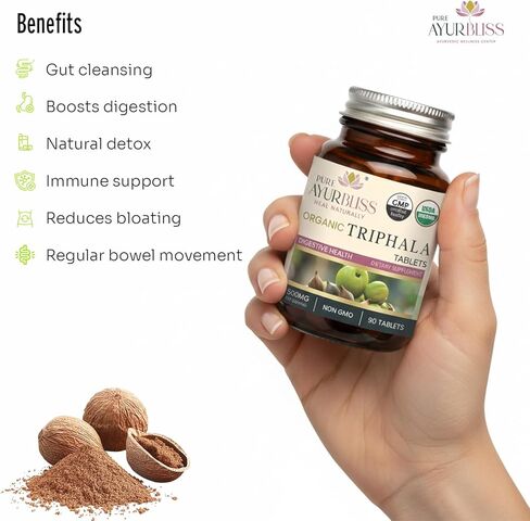 أقراص التريفالا، التريفالا العضوية لصحة الجهاز الهضمي، والتخلص من سموم الأمعاء ودعم صحة الأمعاء، مزيج الأيورفيدا مع أملا، هاريتاكي وبيبهيتاكي للحيوية، 500 مجم، عضوي 100% - 90 قطعة in Kuwait
