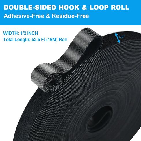 لفة خطافية وحلقة بطول 52.5 قدم × 1/2 بوصة - أشرطة إمساك ذاتية مزدوجة الجوانب، شريط خالٍ من المواد اللاصقة لإدارة الكابلات، أدوات تثبيت قابلة لإعادة الاستخدام للمنزل والمكتب والمشروعات اليدوية in Kuwait