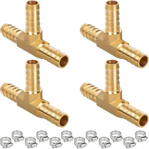 1/4" Hose Tee Barb, Brass Hose Barb Fittings, 3 Way Union Intersection Adapter for Air, Water, Fuel Systems, Includes 6 Stainless Steel Clamps, Leak-Resistant, 2-Pack in Kuwait