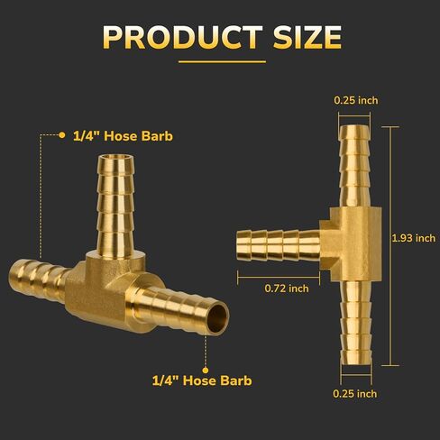 1/4" Hose Tee Barb, Brass Hose Barb Fittings, 3 Way Union Intersection Adapter for Air, Water, Fuel Systems, Includes 6 Stainless Steel Clamps, Leak-Resistant, 2-Pack in Kuwait