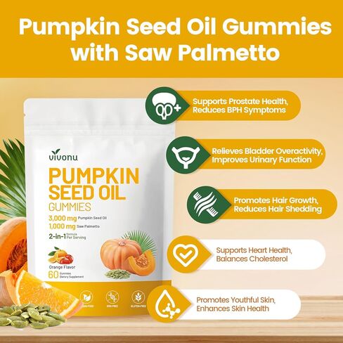 Organic Pumpkin Seed Oil Gummies,Cold Pressed Pumpkin Seed Oil with Saw Palmetto Gummies,for Prostate Health,BPH Support,Hair & Bladder Control - Non-GMO,Sugar-Free in Kuwait