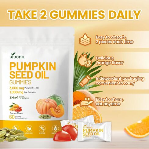 Organic Pumpkin Seed Oil Gummies,Cold Pressed Pumpkin Seed Oil with Saw Palmetto Gummies,for Prostate Health,BPH Support,Hair & Bladder Control - Non-GMO,Sugar-Free in Kuwait