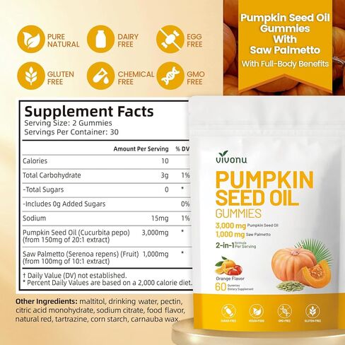 Organic Pumpkin Seed Oil Gummies,Cold Pressed Pumpkin Seed Oil with Saw Palmetto Gummies,for Prostate Health,BPH Support,Hair & Bladder Control - Non-GMO,Sugar-Free in Kuwait