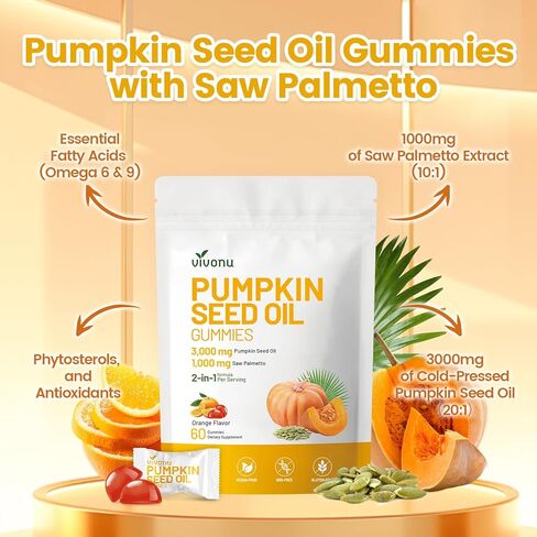 Organic Pumpkin Seed Oil Gummies,Cold Pressed Pumpkin Seed Oil with Saw Palmetto Gummies,for Prostate Health,BPH Support,Hair & Bladder Control - Non-GMO,Sugar-Free in Kuwait