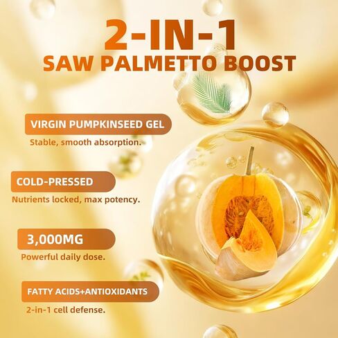 Pumpkin Seed Oil Capsules with Saw Palmetto - 3240mg - 300 Softgels, Cold Pressed, Essential Fatty Acids & Phytosterols, Natural Supplement for Hair Growth, Urinary - Non-GMO in Saudi Arabia